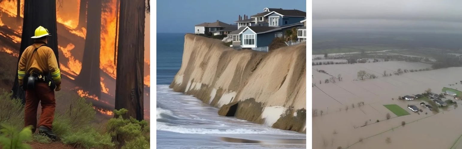 Wildfire, coastal erosion, flooding. Credit: substack AI