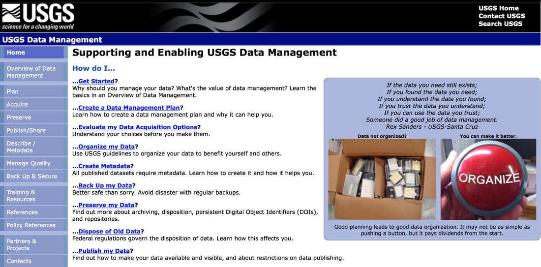 Screen shot of USGS Data Management home page in 2012