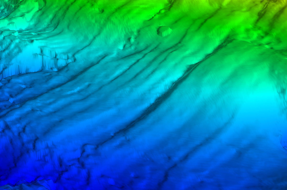 Oblique sonar image showing giant grooves on the seafloor