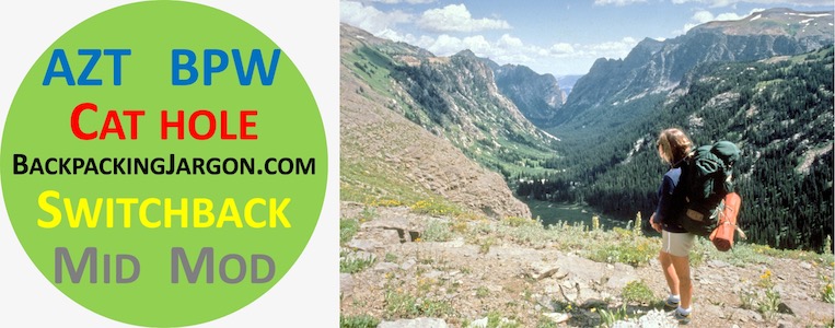 Backpacking Jargon logo next to backpacker looking across a mountain valley
